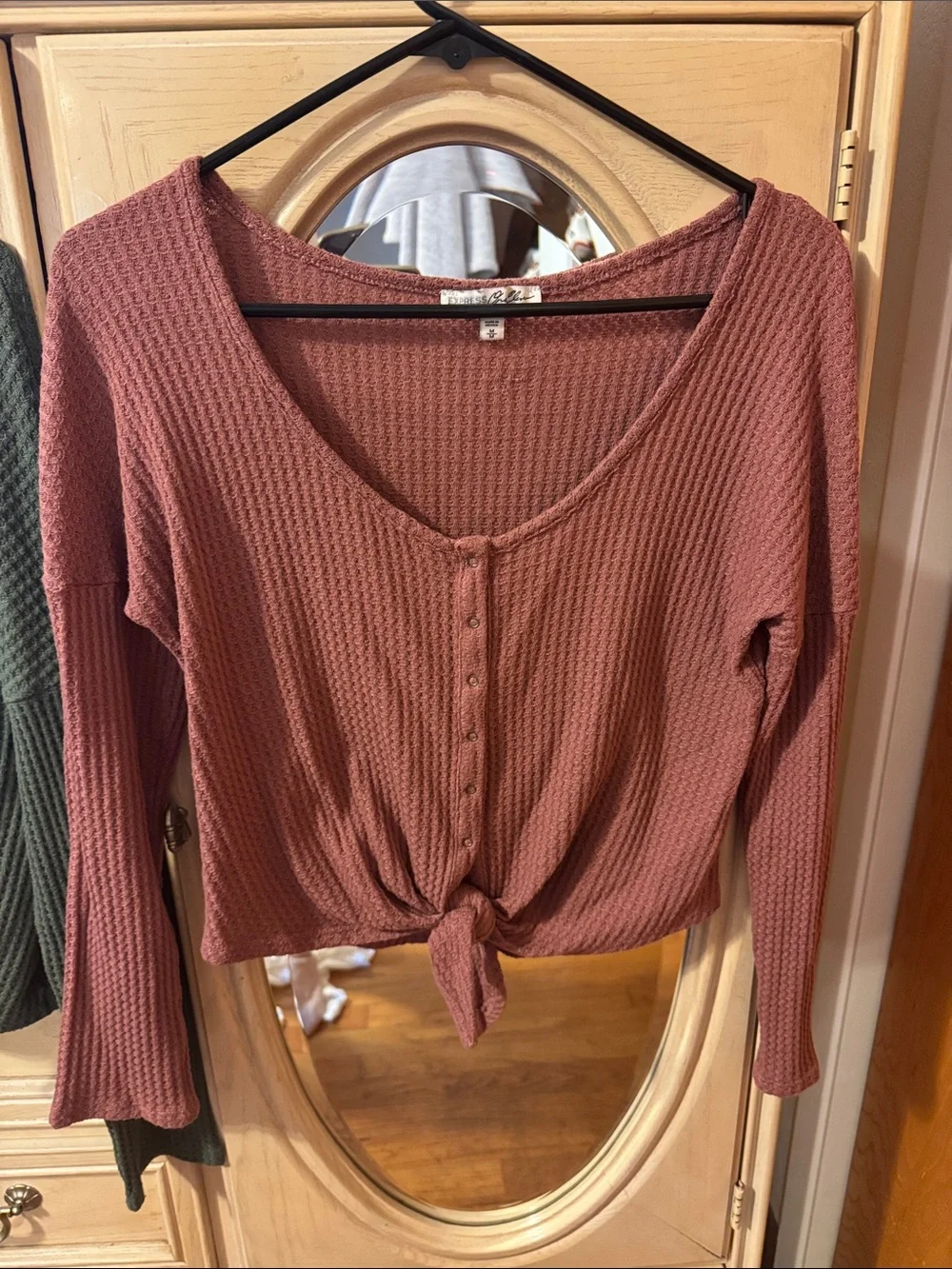 Express Waffle-Knit Tie-Front Tops - Olive Green & Mauve